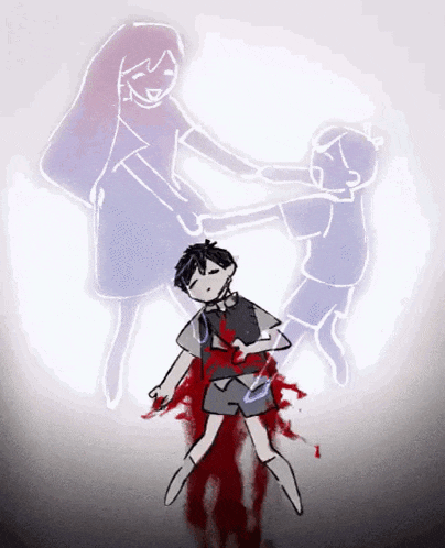 a drawing of a boy laying on the ground with blood coming out of his chest and a woman standing behind him .