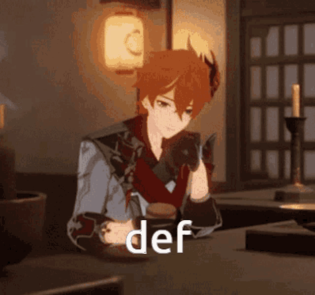 a cartoon character is sitting at a table with a cup of coffee and the word def on the bottom of the image .