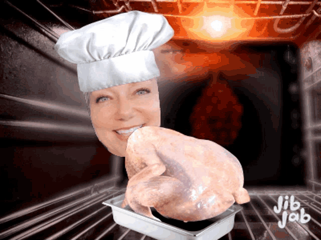 a woman in a chef 's hat is holding a chicken in a pan