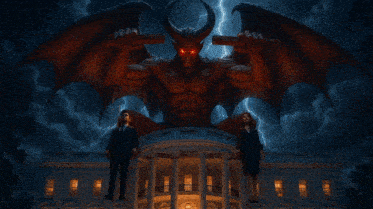 a man in a suit and a woman in a suit are standing in front of a statue of a devil
