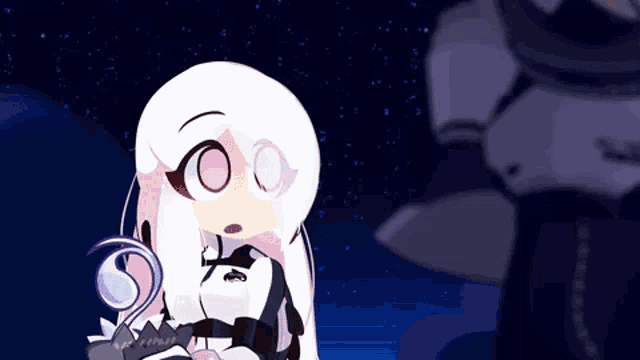 a cartoon girl with white hair is standing in front of a dark background