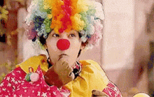 a person dressed as a clown with a red nose and a colorful wig .