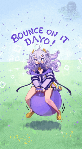 a drawing of a girl riding a purple ball with the words bounce on it dayo