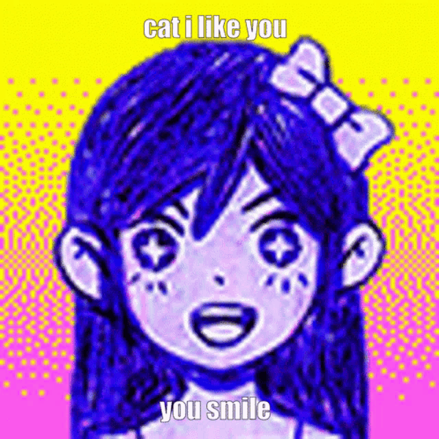 a drawing of a girl with a bow in her hair and the words cat i like you you smile