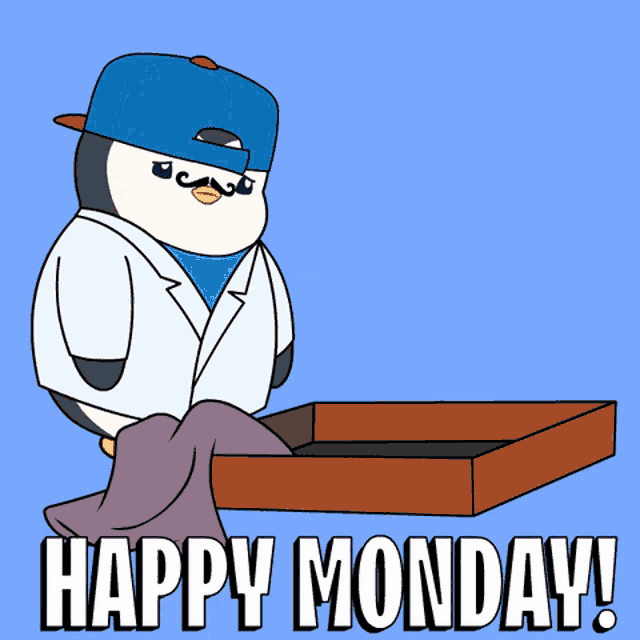 a penguin in a lab coat is holding a box that says happy monday on it