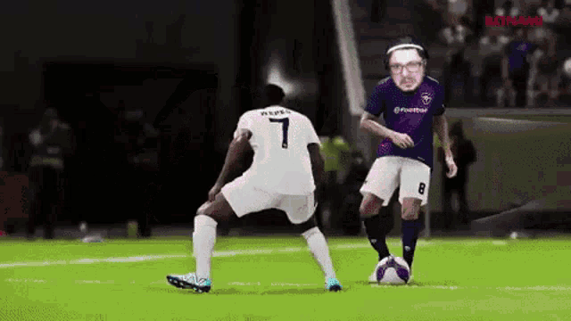 a soccer player with the number 7 on his jersey kicks the ball