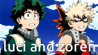 two anime characters are standing next to each other with the words luci and zoren written below them