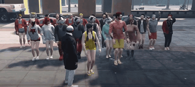 a man in a black coat stands in front of a group of people in a video game