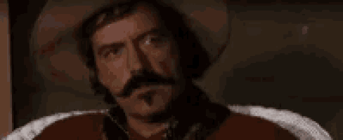 a man with a mustache and a cowboy hat is saying bye .
