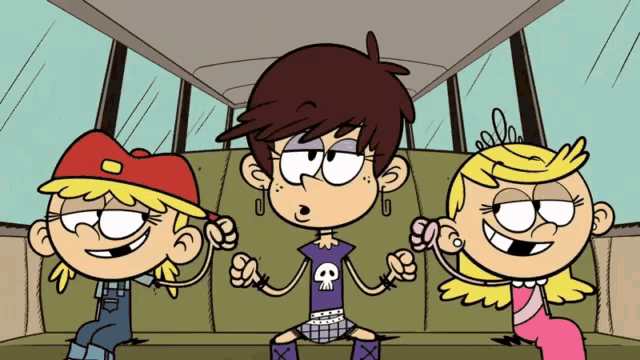 three cartoon characters are sitting on a bus including luna loud