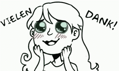 a drawing of a girl with green eyes and the words vielen and dank