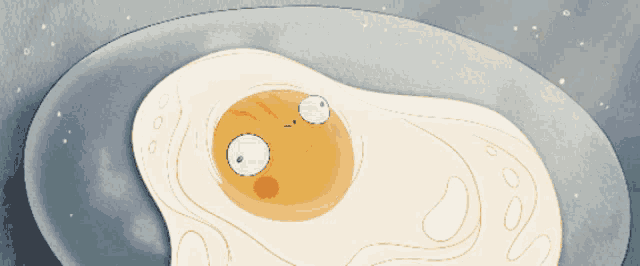 a cartoon drawing of a fried egg with a surprised look on it 's face