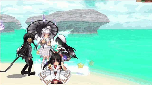 a screenshot of a video game shows a girl holding an umbrella and a sword