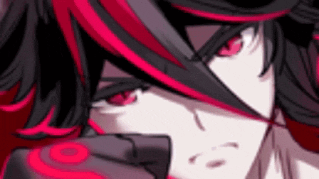 a close up of a person 's face with red eyes and black hair holding a gun .