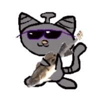 a cartoon cat is holding a fish in its mouth and wearing sunglasses .