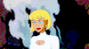 a cartoon of a woman with blonde hair and blue eyes standing in front of a full moon .