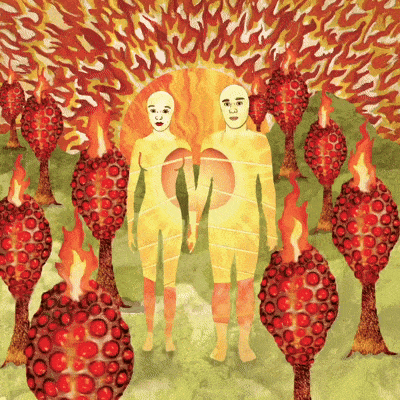 a painting of a man and woman surrounded by fire