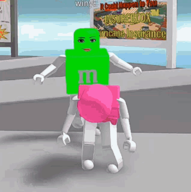 a cartoon of a green m & m holding a pink m & m