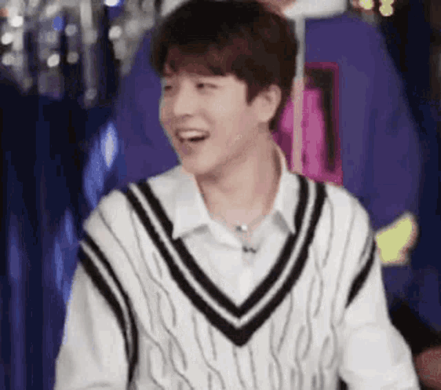 a man wearing a sweater vest and a white shirt is laughing .
