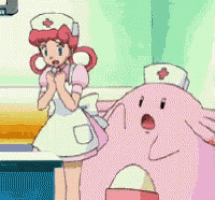 a nurse is standing next to a large pink pokemon