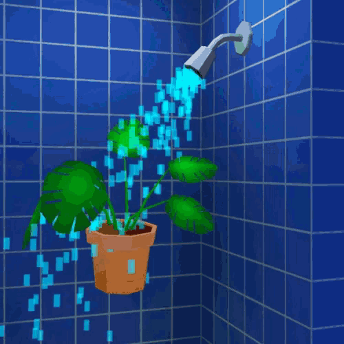 a shower head is spraying water on a potted plant in a bathroom