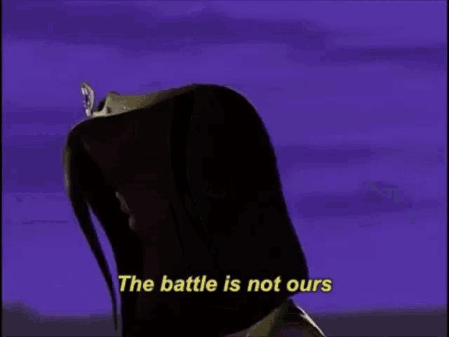a green cartoon character is saying `` the battle is not ours '' while wearing a hat .