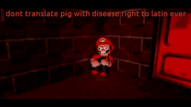 a cartoon of mario with the words " dont translate pig with disease right to latin ever " behind him