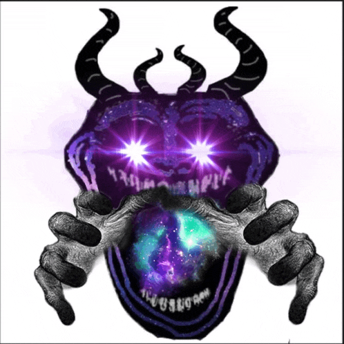 a drawing of a demon with horns holding a purple ball with a galaxy in the background
