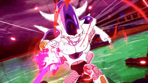 a purple and white dragon ball z character is holding a purple sword in his hand .