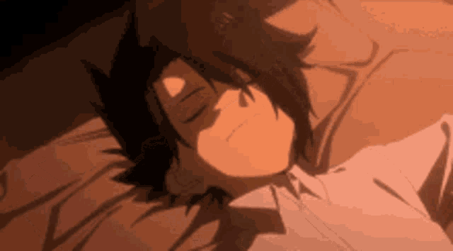 a cartoon character is sleeping in a bed with his eyes closed .