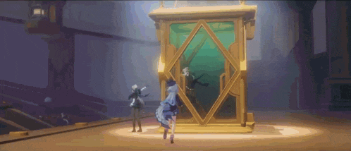 a video game character is standing in front of a large box with a green cube inside of it .