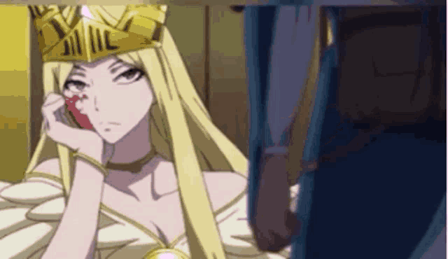 a woman with long blonde hair wearing a crown is talking on a cell phone