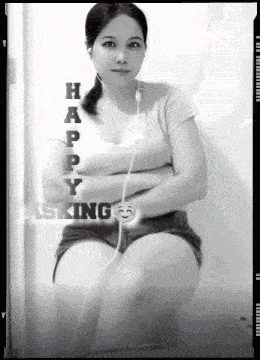 a black and white photo of a woman with the words happy tasking written on it