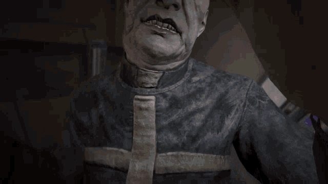 a close up of a man 's face with a very scary look on his face