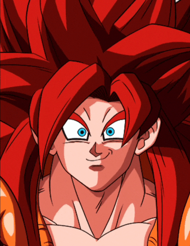 a close up of a dragon ball z character with red hair and blue eyes