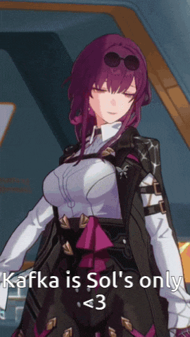 a purple haired anime girl with the words kafka is sol 's only < 3 on the bottom