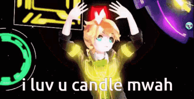 a girl is dancing in a video game with the words `` i love u candle mwah '' .