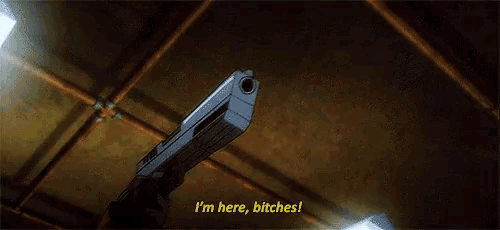 a close up of a gun with the words i 'm here bitches written on it .