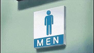 a sign for a men 's restroom with a blue and white sign
