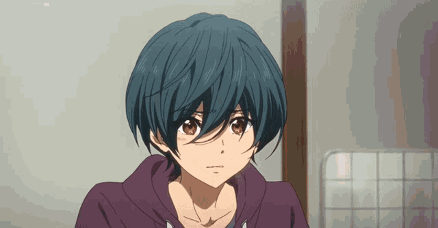 a close up of a person 's face with blue hair and red eyes