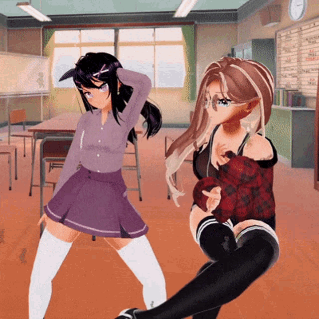 a girl in a purple skirt stands next to another girl in a red plaid shirt