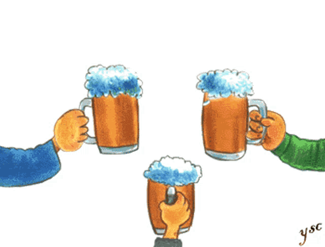 a cartoon of three people toasting with beer mugs and the words cheers written above them