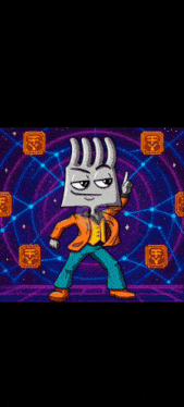 a cartoon character with a fork on his head is standing in front of a neon background