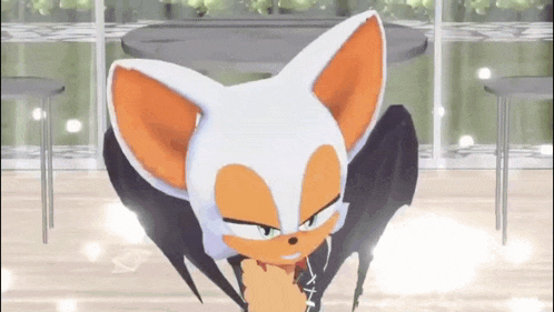 a cartoon character is standing in front of a table and a window .
