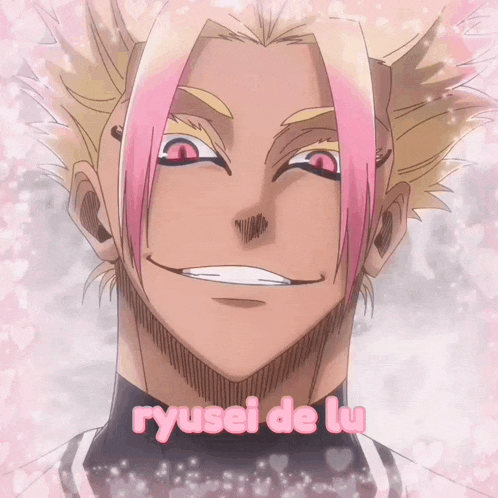 a drawing of a man with pink hair and the name ryusei de lu on the bottom