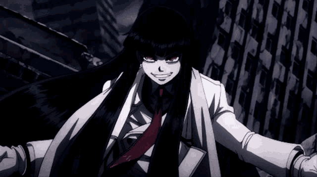 a woman with long black hair and red eyes is wearing a white coat and red tie