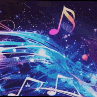 a bunch of music notes floating in the air on a colorful background