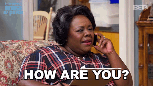 a woman sitting on a couch talking on a cell phone with the words " how are you " written below her