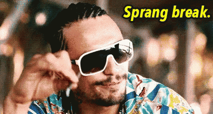 a man wearing sunglasses and a shirt that says ' spreng break ' on it