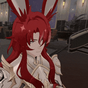 a cartoon character with red hair is wearing a white armor